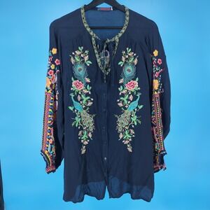 Johnny Was Navy Blue Embroidered Peacock Floral Cupra Rayon Tunic Top Large READ